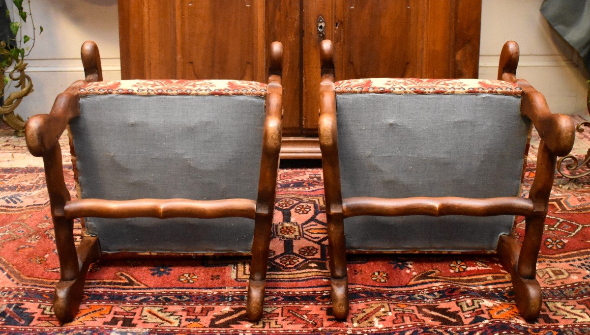 Paire De Fauteuils d'Enfants De Style Louis XIII, Sièges d'Enfant, Velours De Gênes, XXeme-photo-8