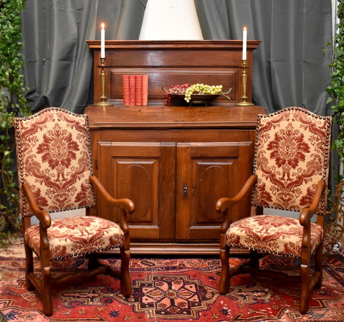 Paire De Fauteuils d'Enfants De Style Louis XIII, Sièges d'Enfant, Velours De Gênes, XXeme
