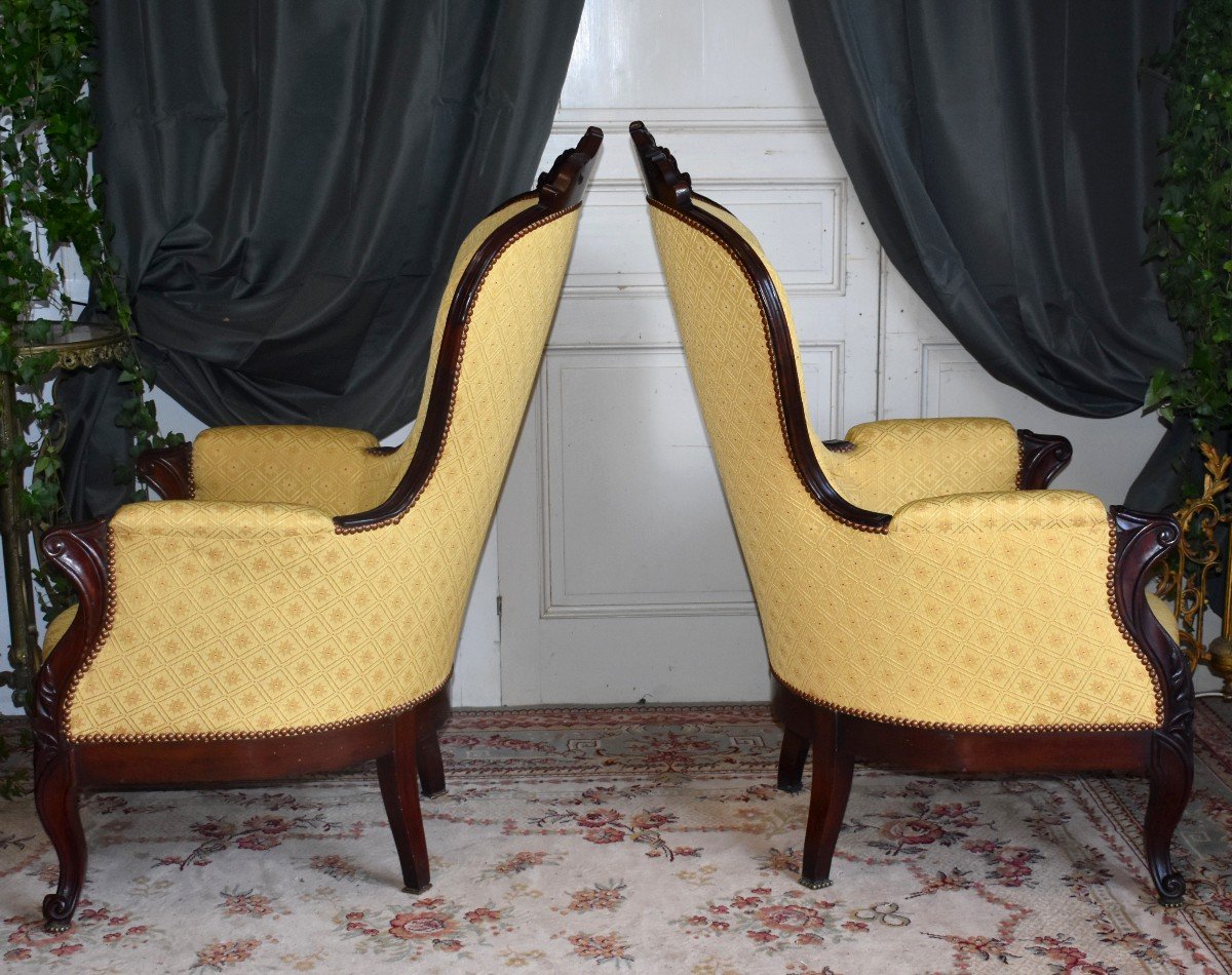 Paire De Berg&egrave;res En Acajou Sculpt&eacute;, R&eacute;fection &agrave; Neuf R&eacute;cente Par Tapissier , Epoque Napoleon III, Paire de Grands Fauteuils, Epoque XIXeme-photo-1