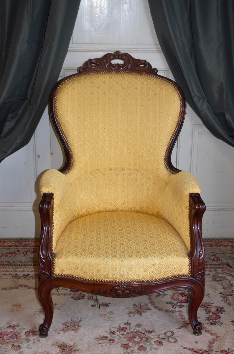 Paire De Berg&egrave;res En Acajou Sculpt&eacute;, R&eacute;fection &agrave; Neuf R&eacute;cente Par Tapissier , Epoque Napoleon III, Paire de Grands Fauteuils, Epoque XIXeme-photo-3