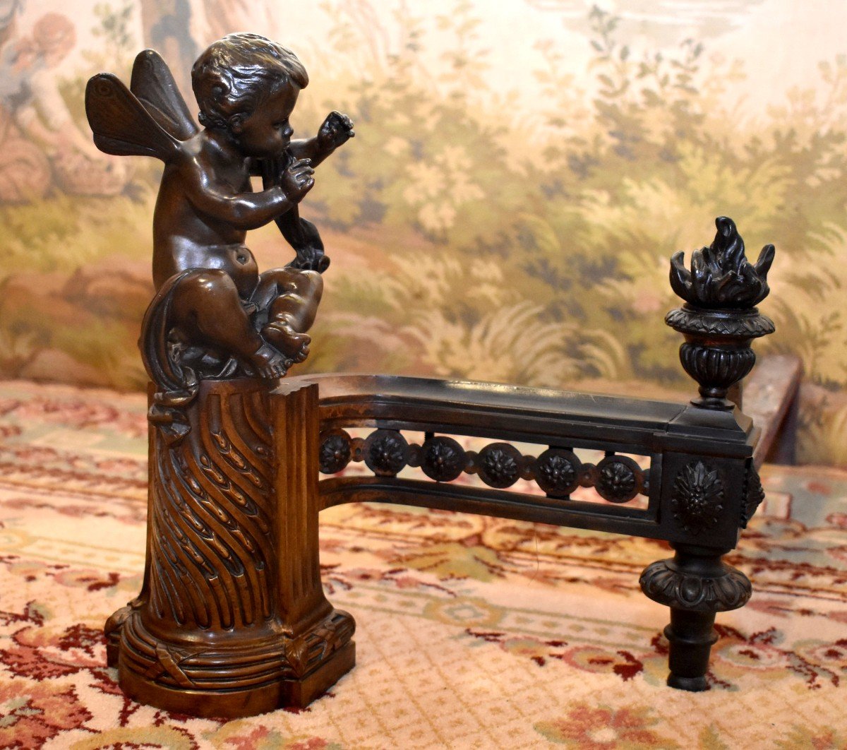 Pair Of Bronze Andirons With Double Patina, Putti Heated By The Fire, Cherubs, Cherubs, Louis XVI Style, XIXth Century, Butterfly Wings-photo-3