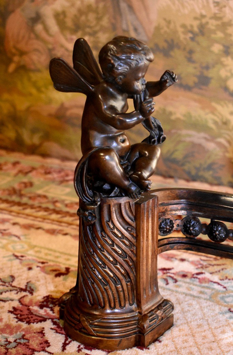 Pair Of Bronze Andirons With Double Patina, Putti Heated By The Fire, Cherubs, Cherubs, Louis XVI Style, XIXth Century, Butterfly Wings