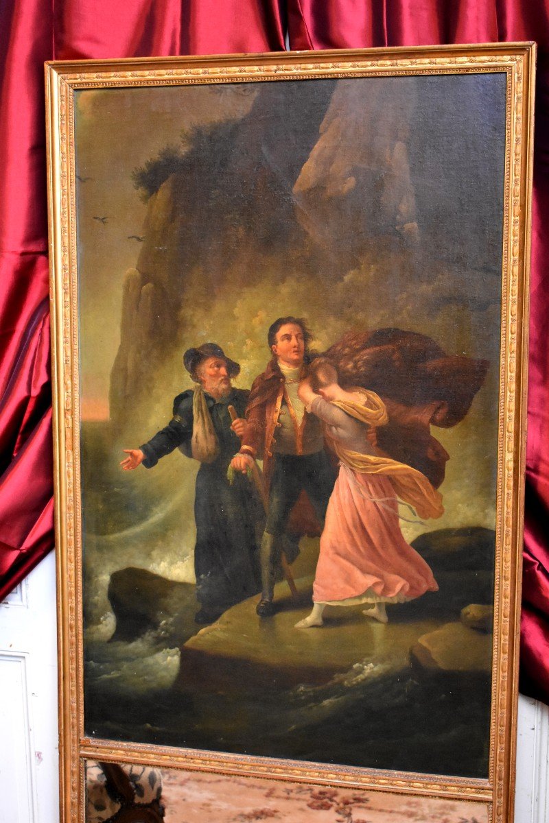 Grand Trumeau, Miroir de Cheminée, "Scène d'Adieux dans La Tempête", Ecole  Romantique, Epoque XIX eme-photo-2