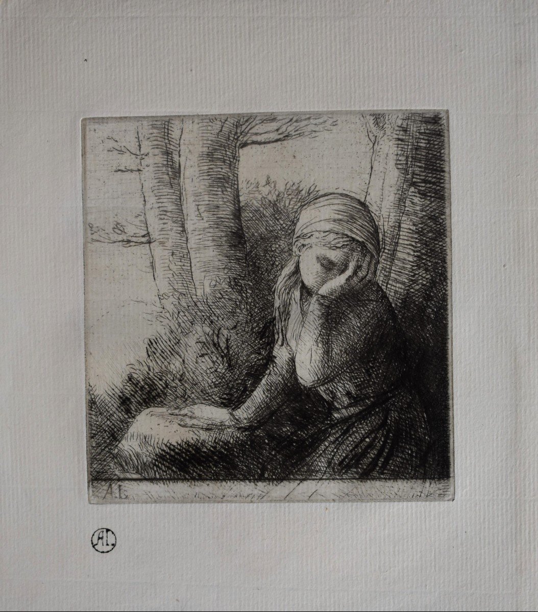 Alphonse Legros (1847-1911) , "La Jeune Désespérée", Eau Forte Timbrée, Dernière Oeuvre Connue de l'Artiste-photo-2