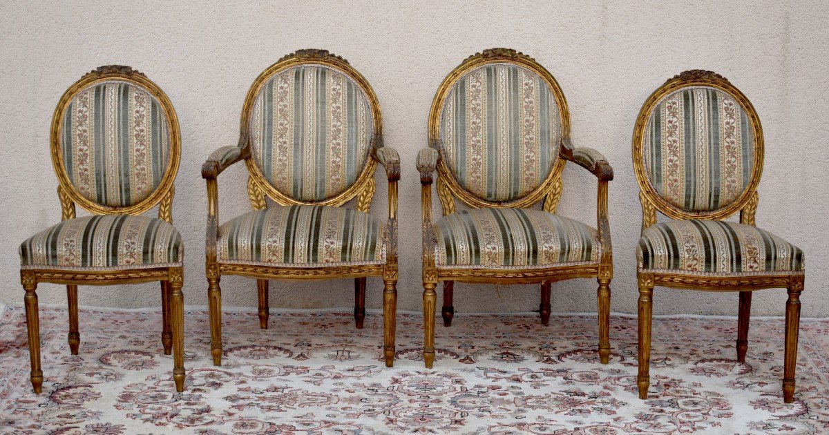 Salon De Style Louis XVI En Bois Dor&eacute;, Tissu Velours, Canap&eacute;, Fauteuils, Chaises, Epoque XIXeme-photo-4