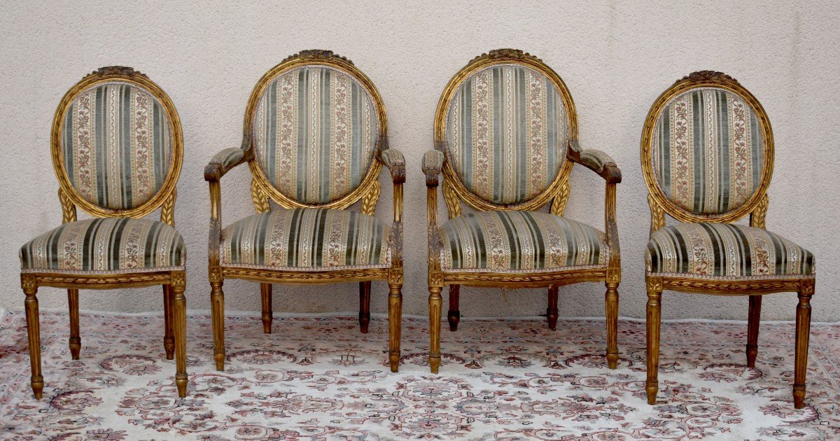 Salon De Style Louis XVI En Bois Doré, Tissu Velours, Canapé, Fauteuils, Chaises, Epoque XIXeme-photo-4