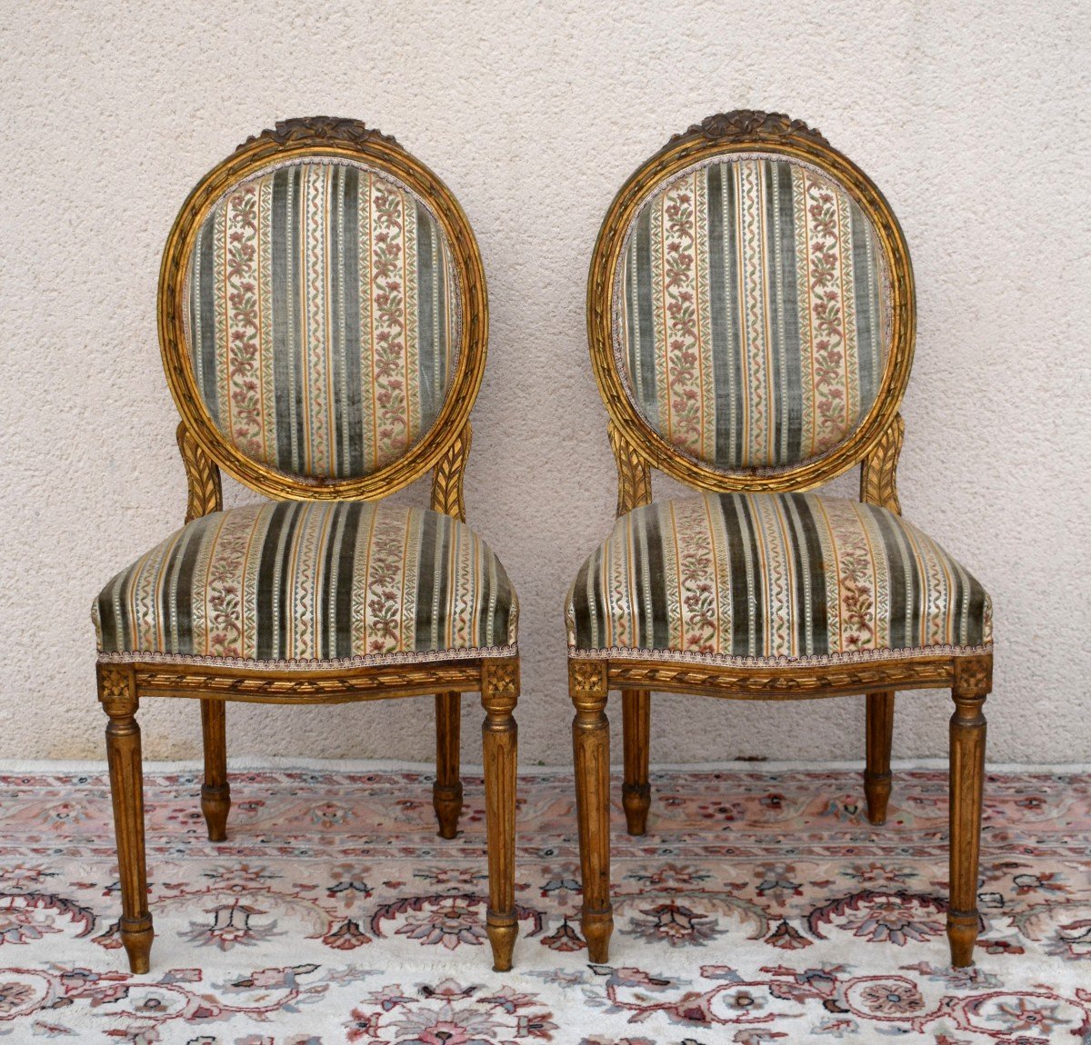 Salon De Style Louis XVI En Bois Dor&eacute;, Tissu Velours, Canap&eacute;, Fauteuils, Chaises, Epoque XIXeme-photo-3