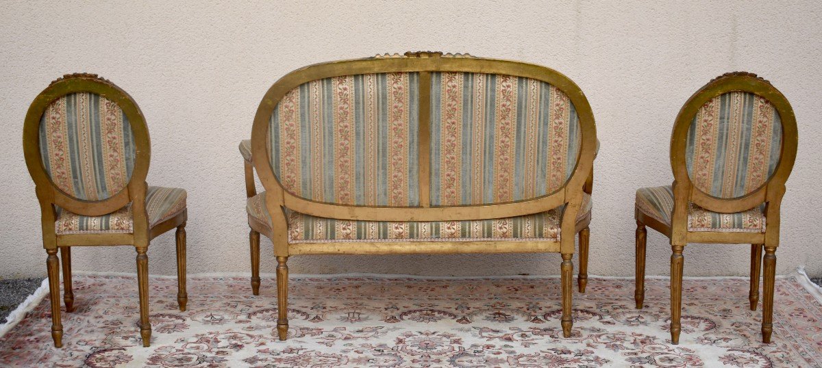 Salon De Style Louis XVI En Bois Dor&eacute;, Tissu Velours, Canap&eacute;, Fauteuils, Chaises, Epoque XIXeme-photo-4