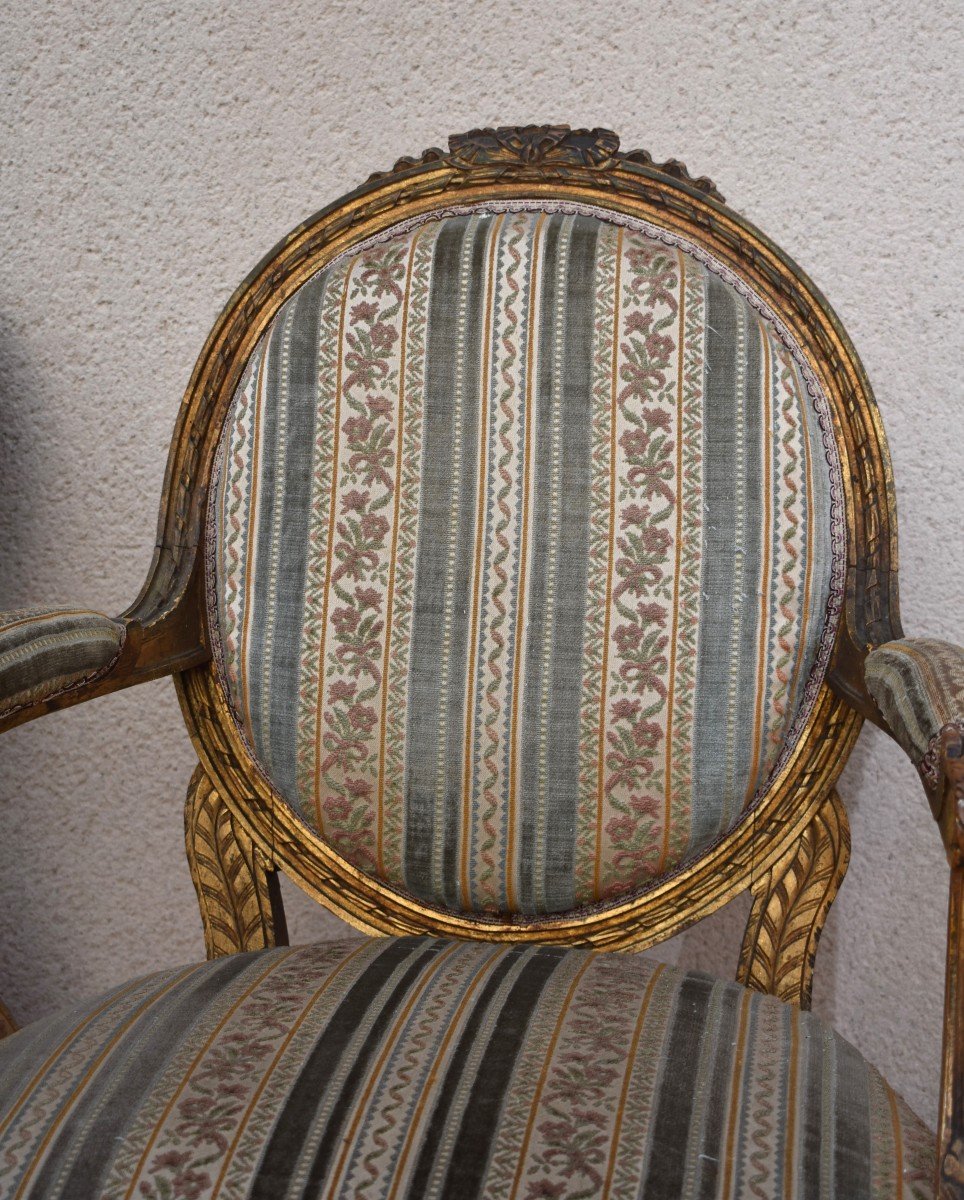 Salon De Style Louis XVI En Bois Dor&eacute;, Tissu Velours, Canap&eacute;, Fauteuils, Chaises, Epoque XIXeme-photo-5