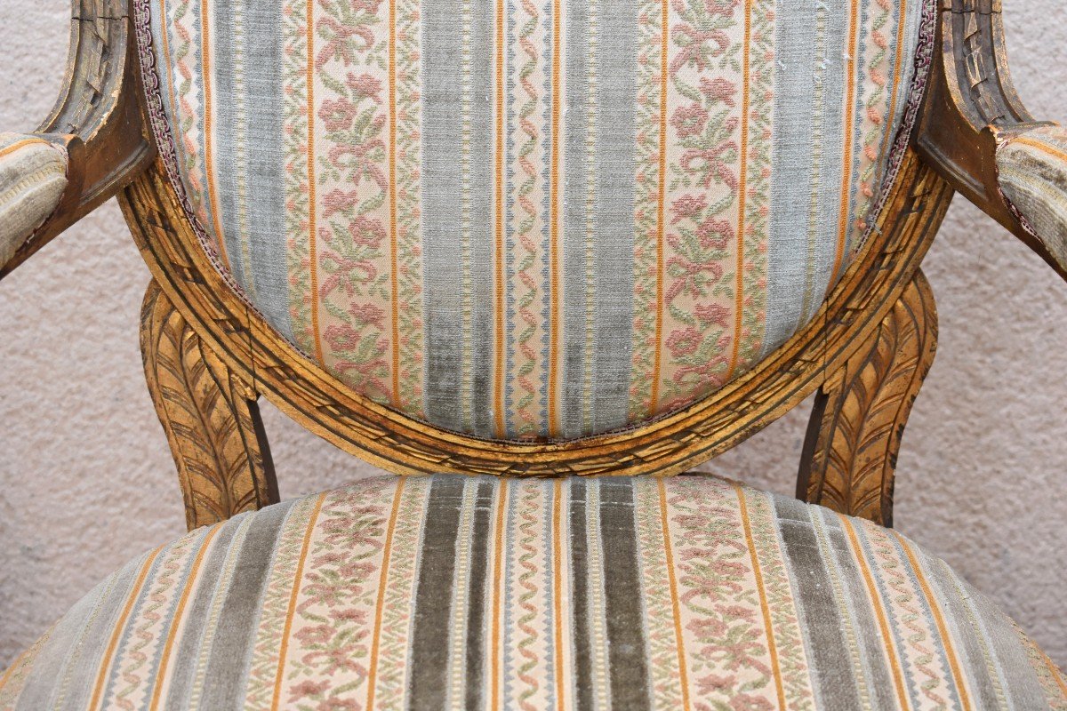 Salon De Style Louis XVI En Bois Dor&eacute;, Tissu Velours, Canap&eacute;, Fauteuils, Chaises, Epoque XIXeme-photo-7