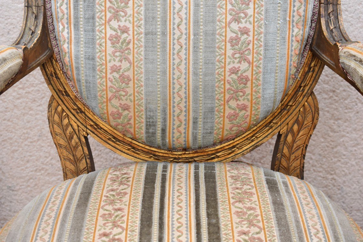 Salon De Style Louis XVI En Bois Doré, Tissu Velours, Canapé, Fauteuils, Chaises, Epoque XIXeme-photo-7