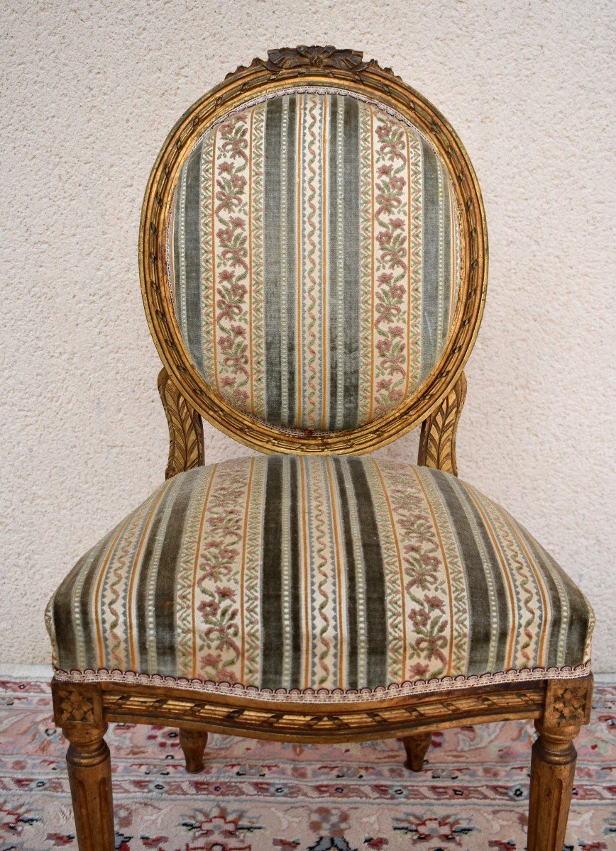 Salon De Style Louis XVI En Bois Dor&eacute;, Tissu Velours, Canap&eacute;, Fauteuils, Chaises, Epoque XIXeme-photo-8