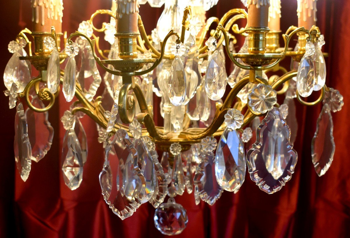 Lustre De Style Louis XV En Bronze Dor&eacute; Et Pampilles Cristal, Eclairage &agrave; Huit Feux, Epoque Milieu XX eme-photo-2