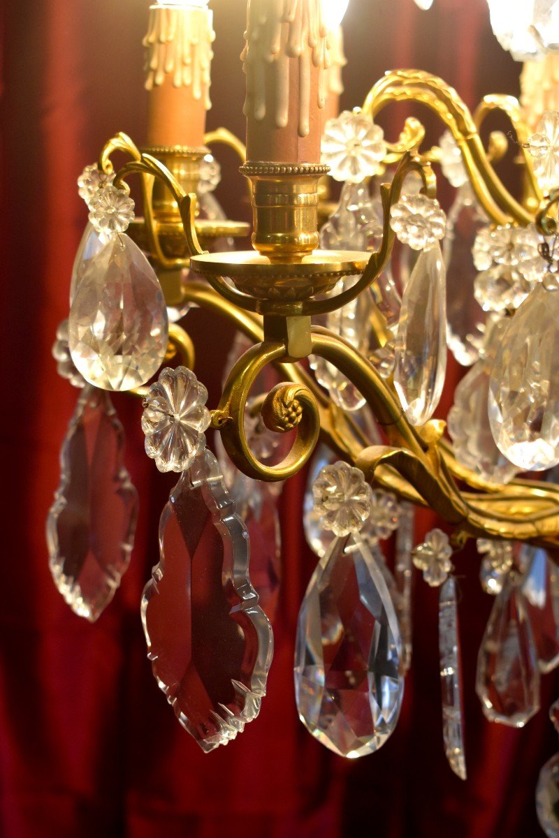 Lustre De Style Louis XV En Bronze Dor&eacute; Et Pampilles Cristal, Eclairage &agrave; Huit Feux, Epoque Milieu XX eme-photo-4