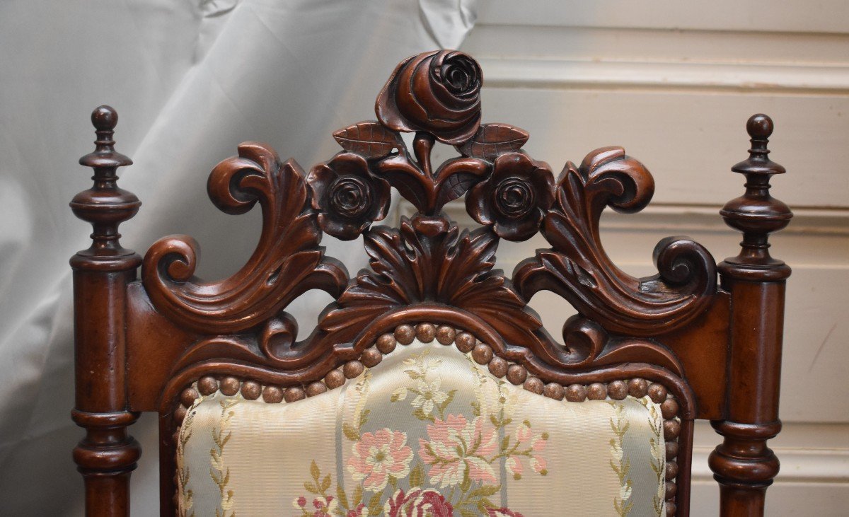 Chauffeuse, Chaise &agrave; Haut Dossier  En Acajou Sculpt&eacute;, D&eacute;cor De Roses, Tissu Satin, Epoque Napoleon III, XIX Eme-photo-8