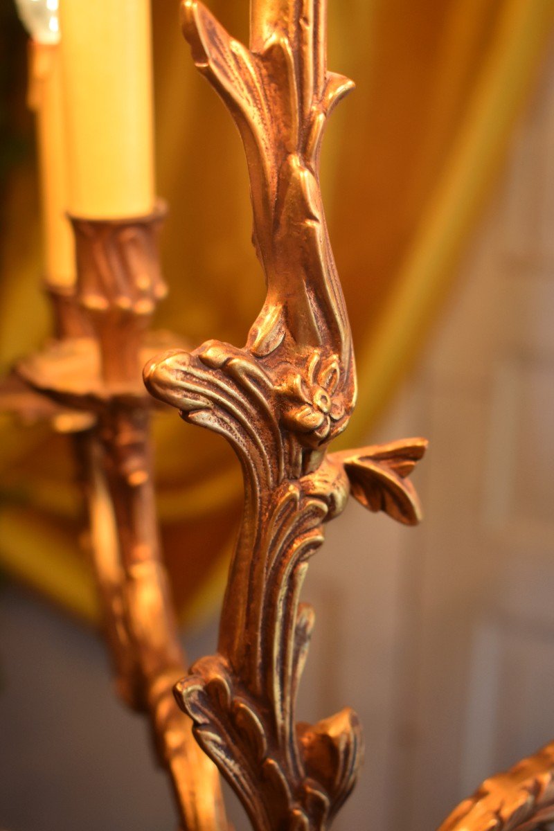 Lustre En Bronze Doré De Style Louis XV, Décor De Fleurs Et Végétaux, Eclairage Dix Feux sur Cinq Bras de Lumière, Milieu XXeme-photo-5