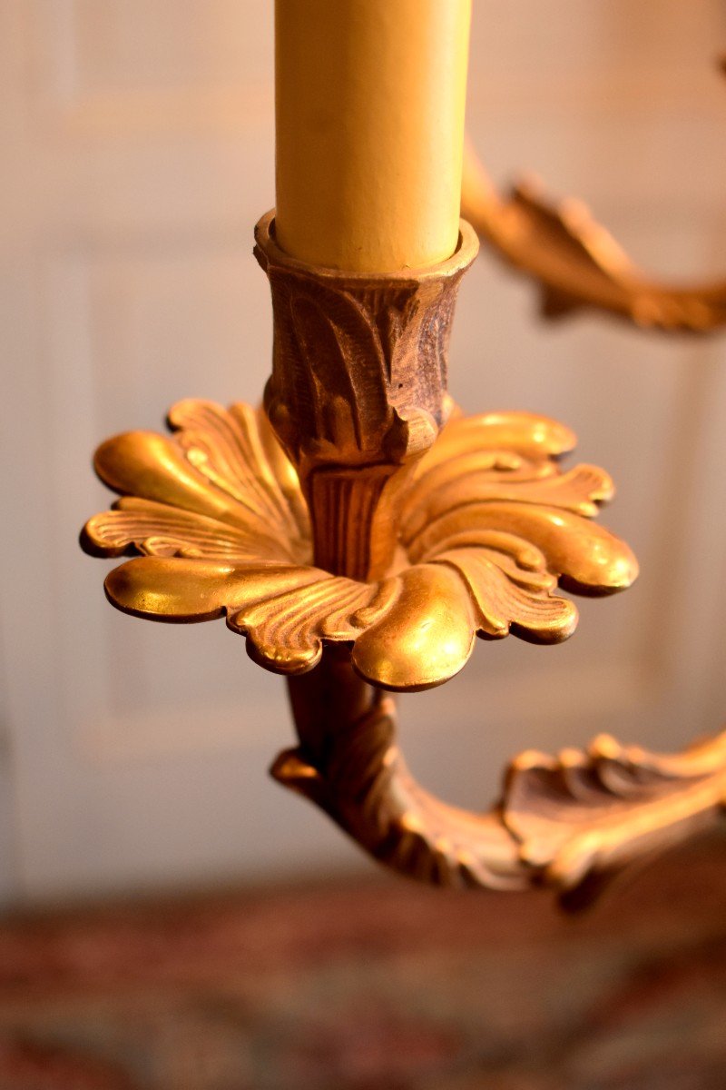 Lustre En Bronze Doré De Style Louis XV, Décor De Fleurs Et Végétaux, Eclairage Dix Feux sur Cinq Bras de Lumière, Milieu XXeme-photo-7