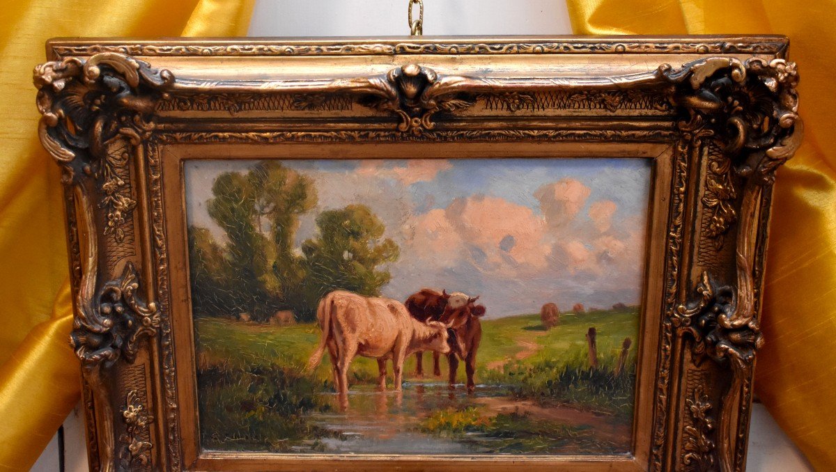 Gaston Corbier  ( 1869- 1945) , "Vaches Au Pré", Huile sur Toile Encadrée , Cadre Bois et Stuc Doré-photo-3