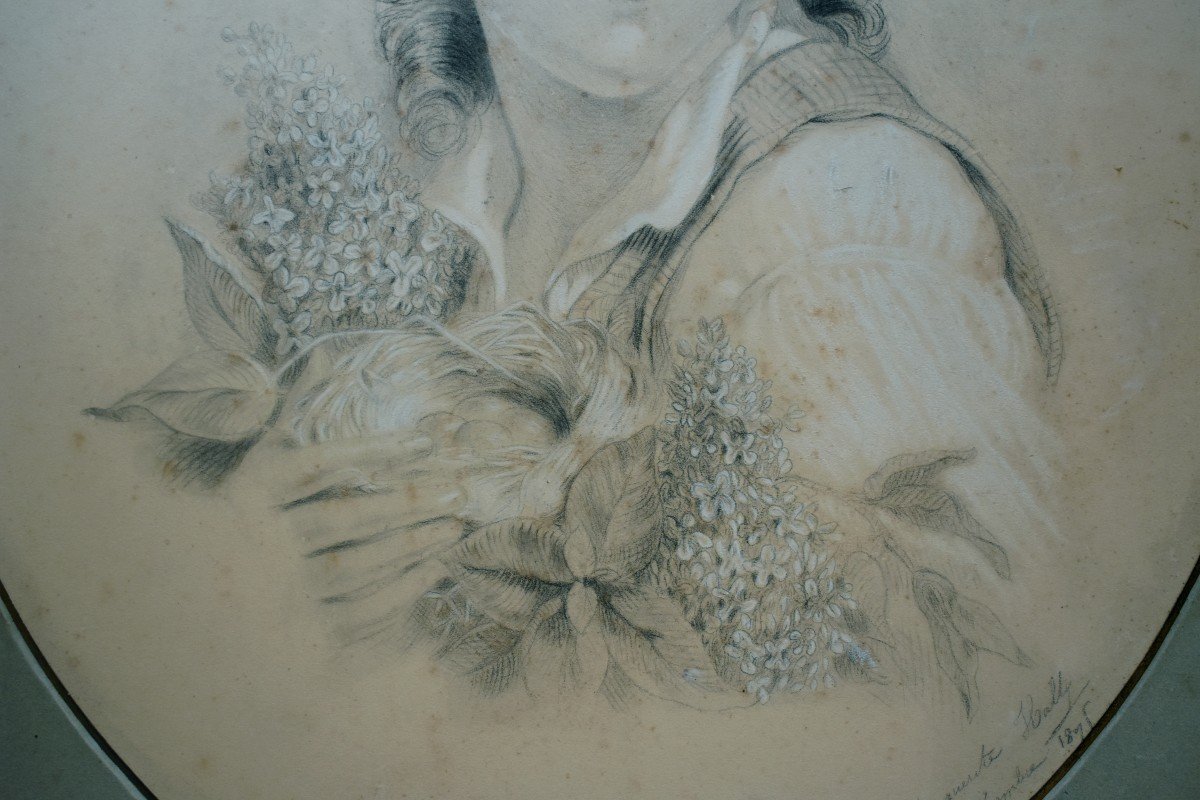  Grand Portrait d'Un Jeune Berger, Dessin à La Mine De Plomb Et Crayon, 1895, Allégorie du Printemps, Bouquet de lilas et Nid d'oiseau-photo-1