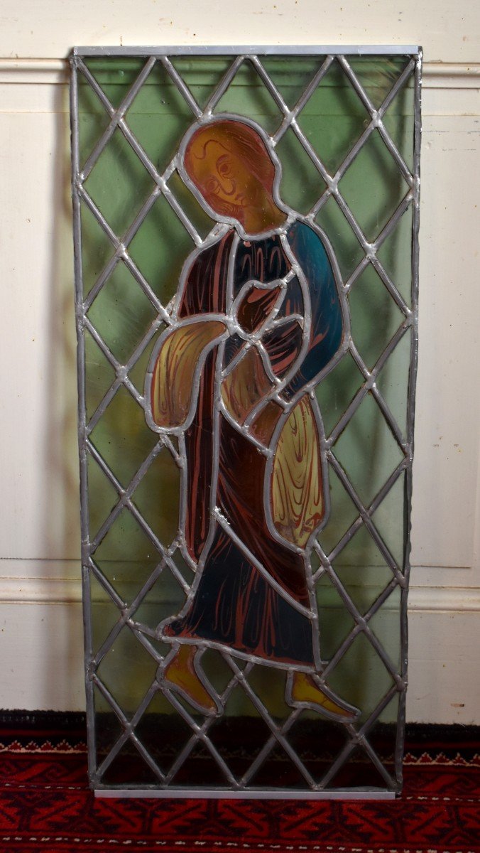 Stained Glass Representing A Medieval Character In The Roman Art / Middle Ages Style, Early Twentieth Period-photo-6