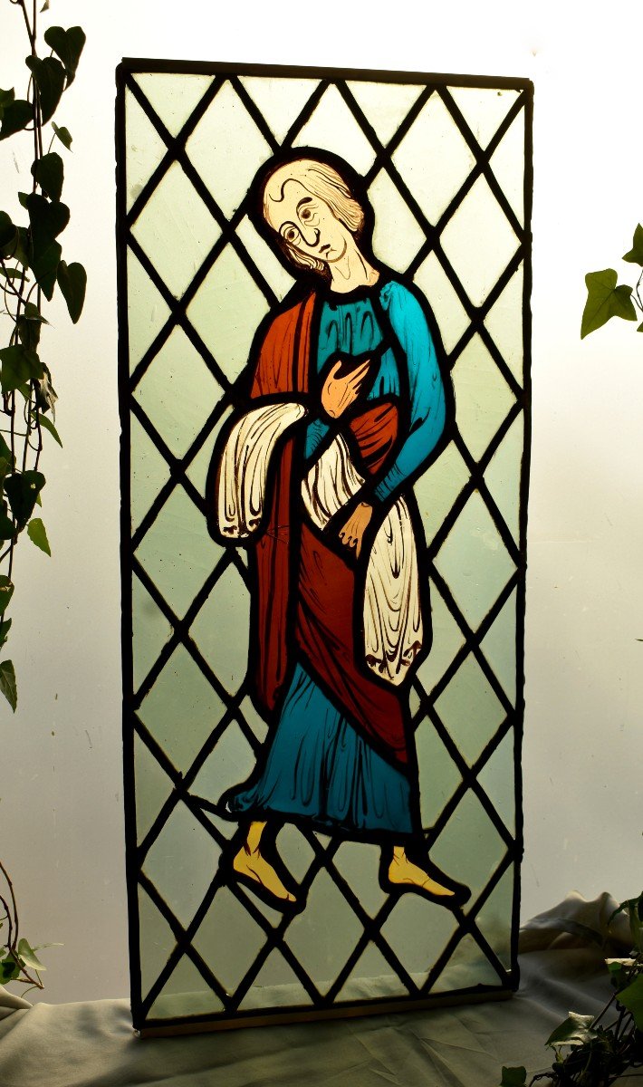 Stained Glass Representing A Medieval Character In The Roman Art / Middle Ages Style, Early Twentieth Period-photo-8