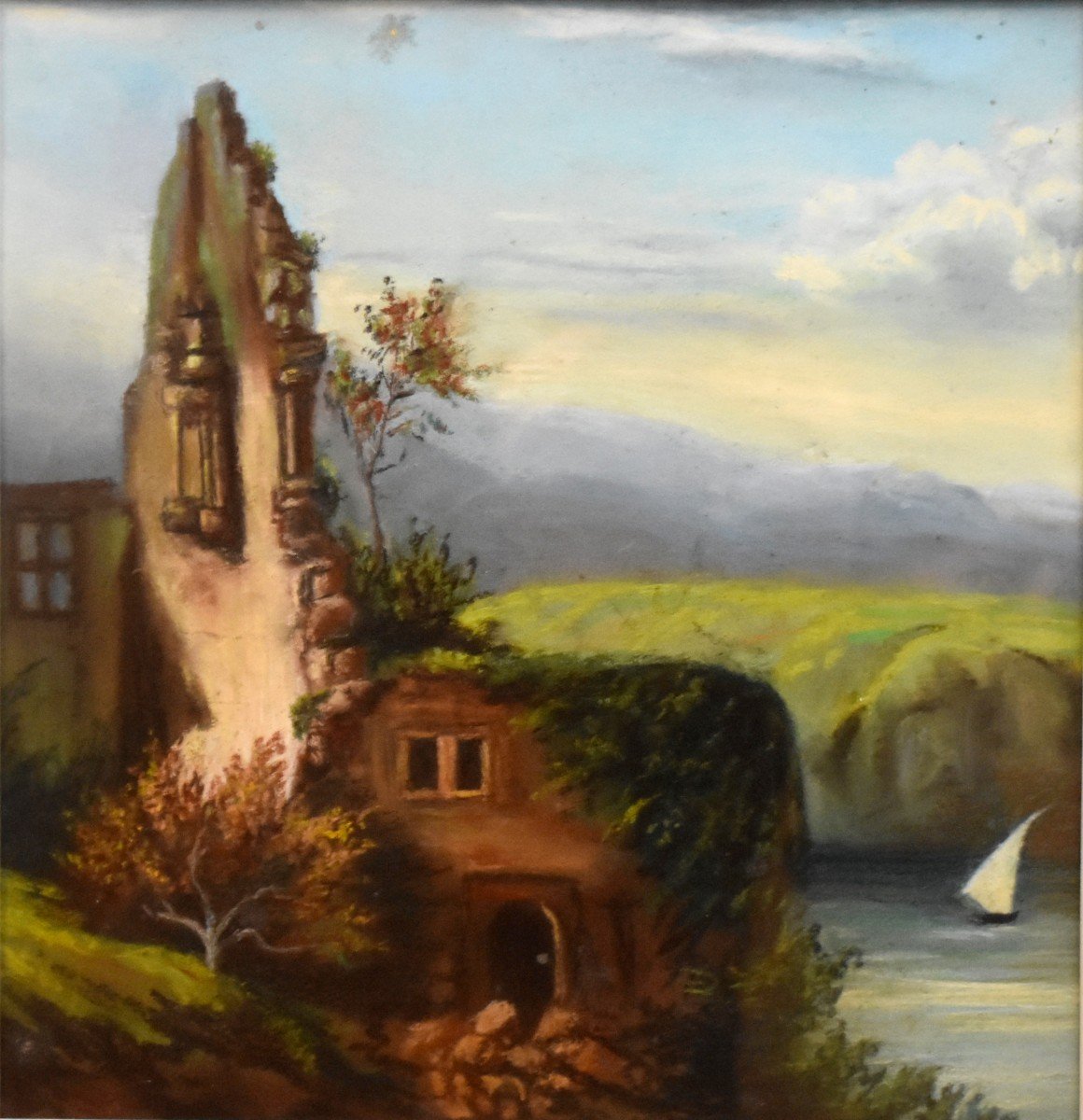 Pastel Encadré, Voilier Et Paysage Aux Ruines, Epoque XX Eme-photo-2