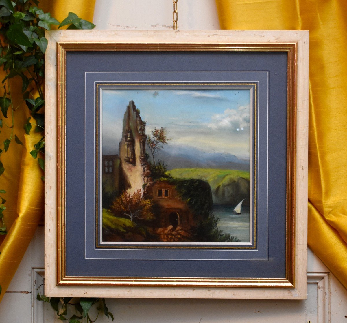 Framed Pastel, Sailboat And Landscape With Ruins, Epoque XX Eme-photo-3