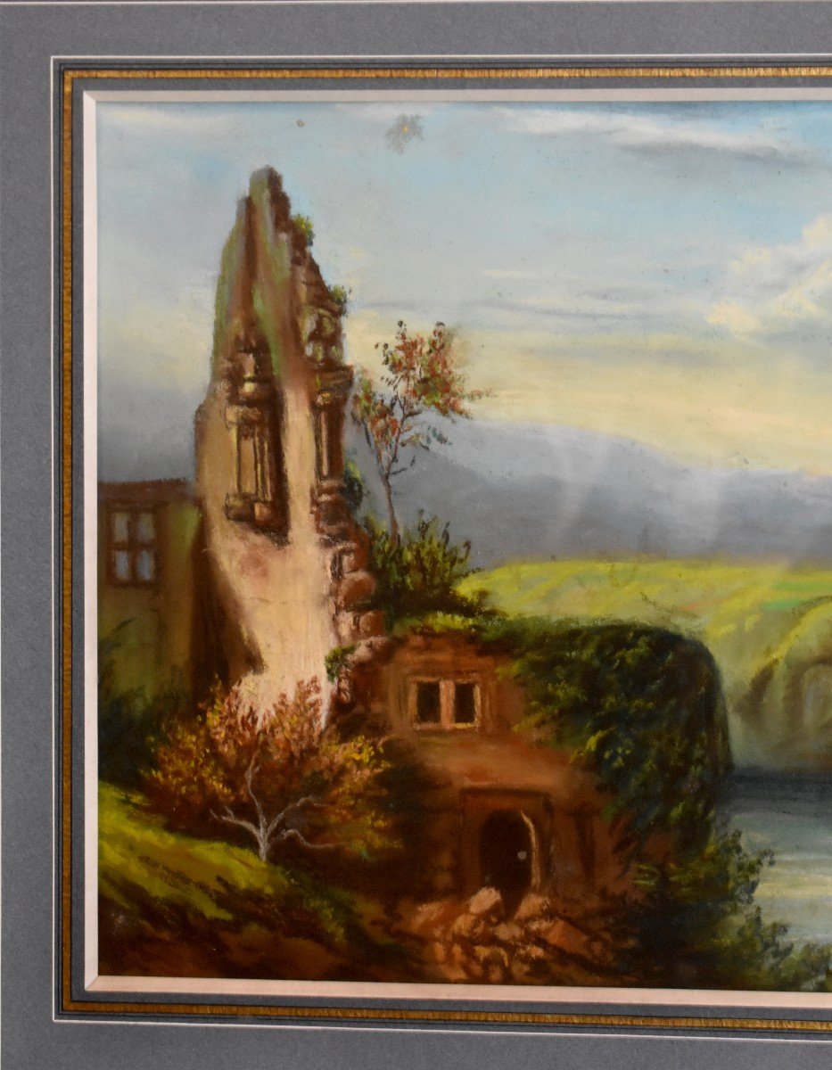 Pastel Encadré, Voilier Et Paysage Aux Ruines, Epoque XX Eme-photo-4