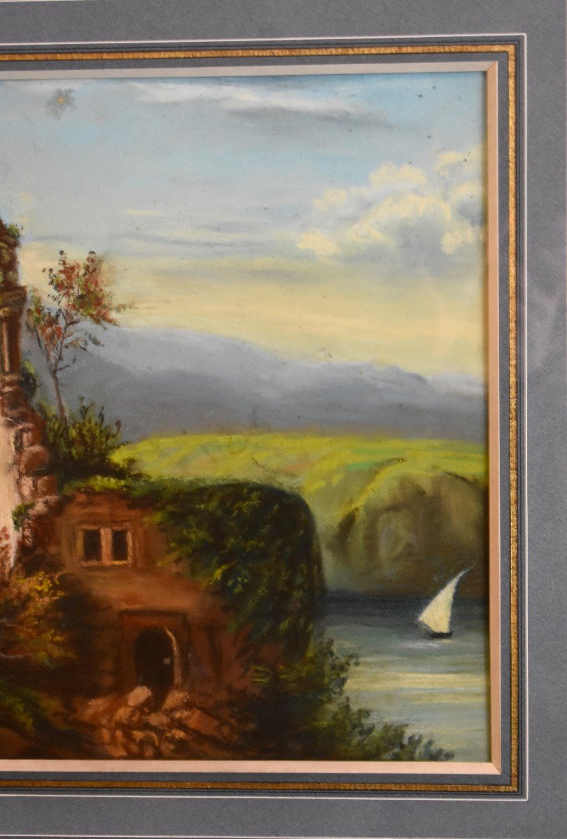 Framed Pastel, Sailboat And Landscape With Ruins, Epoque XX Eme-photo-1