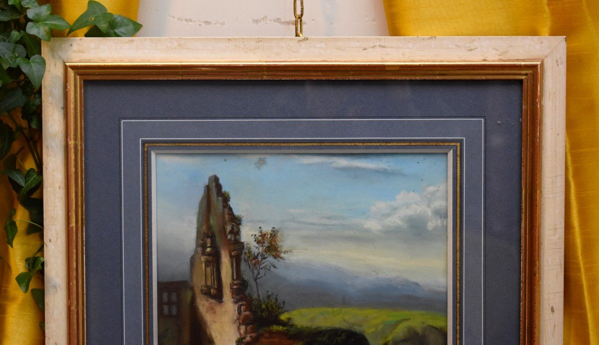 Framed Pastel, Sailboat And Landscape With Ruins, Epoque XX Eme-photo-2