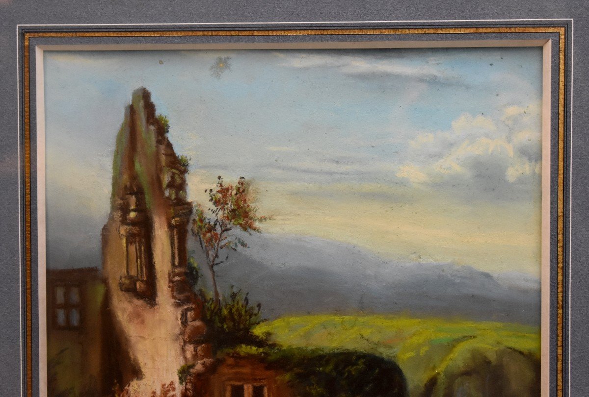 Pastel Encadré, Voilier Et Paysage Aux Ruines, Epoque XX Eme-photo-3