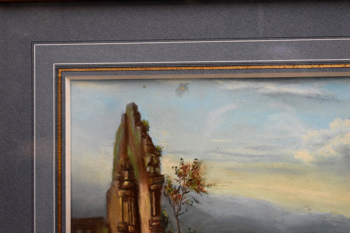 Framed Pastel, Sailboat And Landscape With Ruins, Epoque XX Eme-photo-6