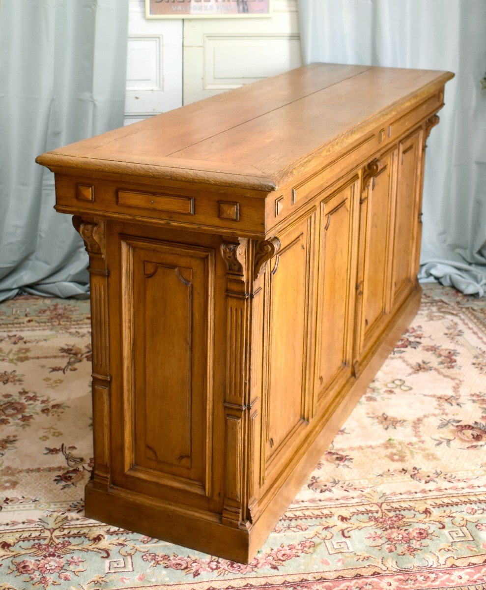 Large Counter, Trade Furniture, Office, Store Furniture In Blond Oak, Epoque XIX Eme-photo-4