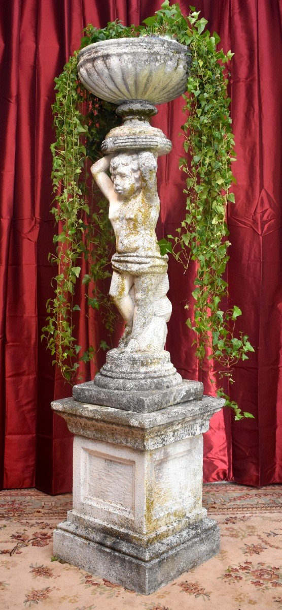 Tr&egrave;s Grande Statue De Jardin Formant Vasque , 182cm, Putto En Pierre Reconstitu&eacute;e, D&eacute;cor Antique Pour Jardin d&#039;Hiver, Vasque de Jardin-photo-3