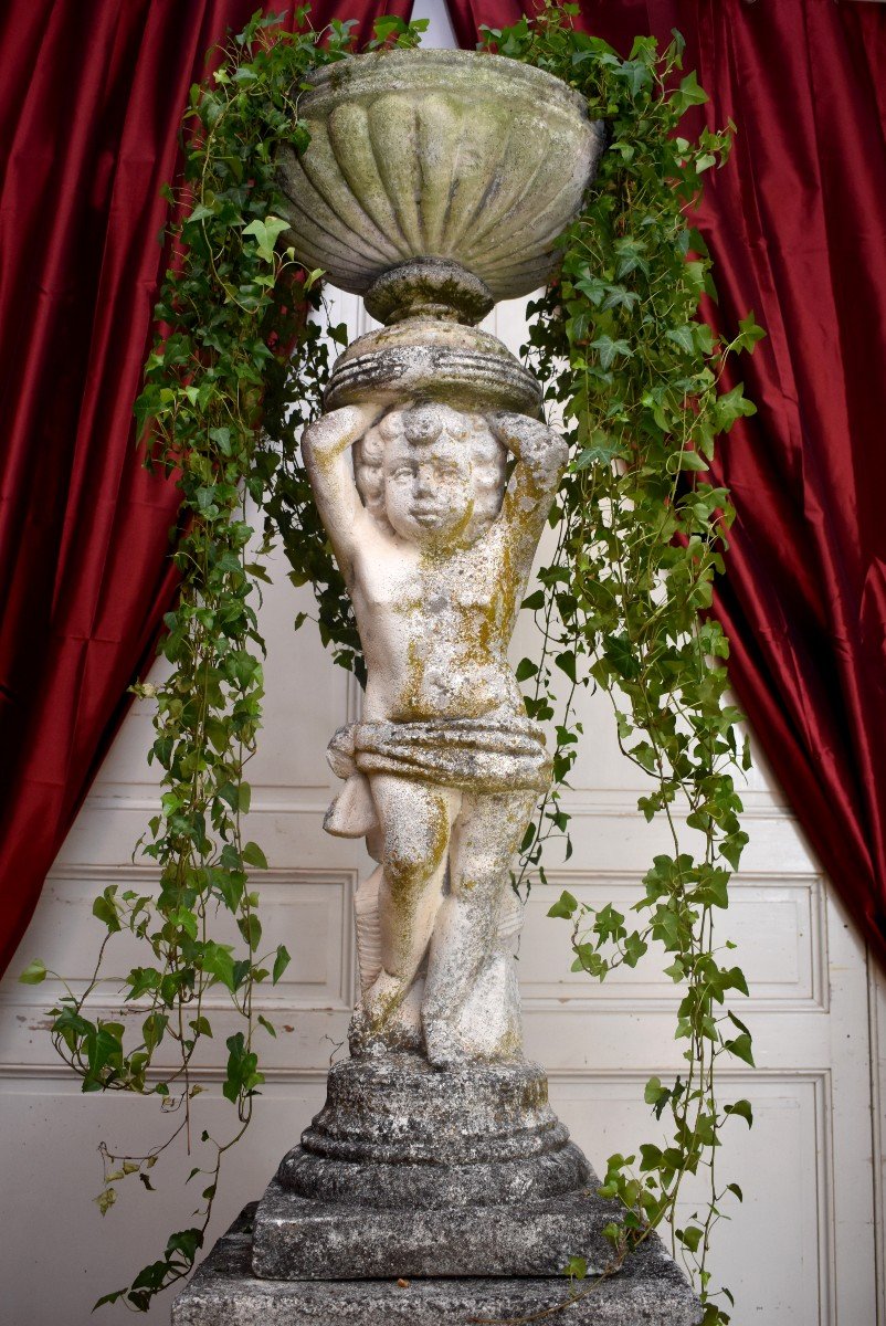 Tr&egrave;s Grande Statue De Jardin Formant Vasque , 182cm, Putto En Pierre Reconstitu&eacute;e, D&eacute;cor Antique Pour Jardin d&#039;Hiver, Vasque de Jardin-photo-1