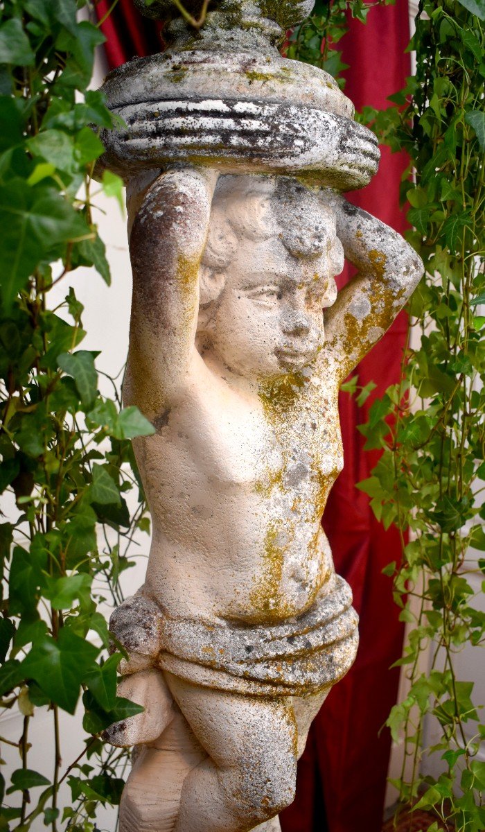 Tr&egrave;s Grande Statue De Jardin Formant Vasque , 182cm, Putto En Pierre Reconstitu&eacute;e, D&eacute;cor Antique Pour Jardin d&#039;Hiver, Vasque de Jardin-photo-3