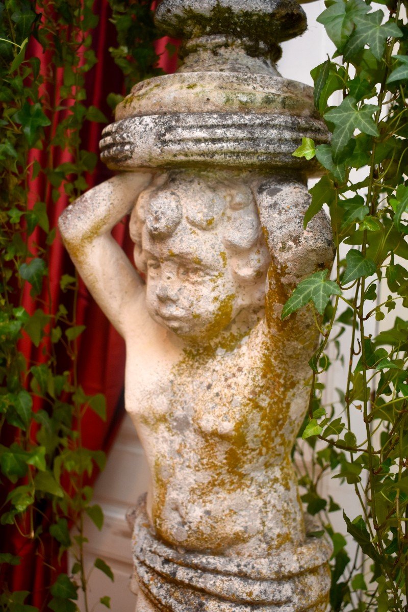 Tr&egrave;s Grande Statue De Jardin Formant Vasque , 182cm, Putto En Pierre Reconstitu&eacute;e, D&eacute;cor Antique Pour Jardin d&#039;Hiver, Vasque de Jardin-photo-4