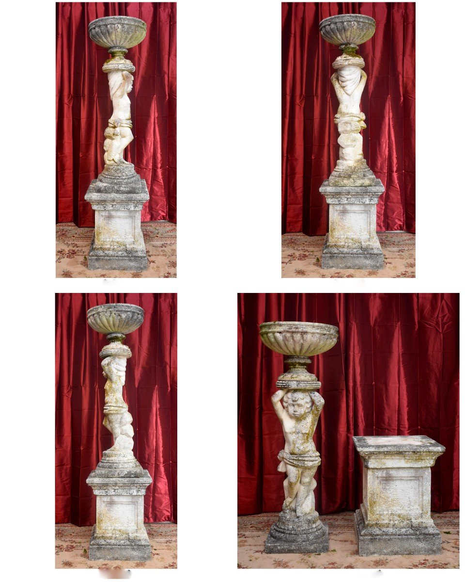 Tr&egrave;s Grande Statue De Jardin Formant Vasque , 182cm, Putto En Pierre Reconstitu&eacute;e, D&eacute;cor Antique Pour Jardin d&#039;Hiver, Vasque de Jardin-photo-5