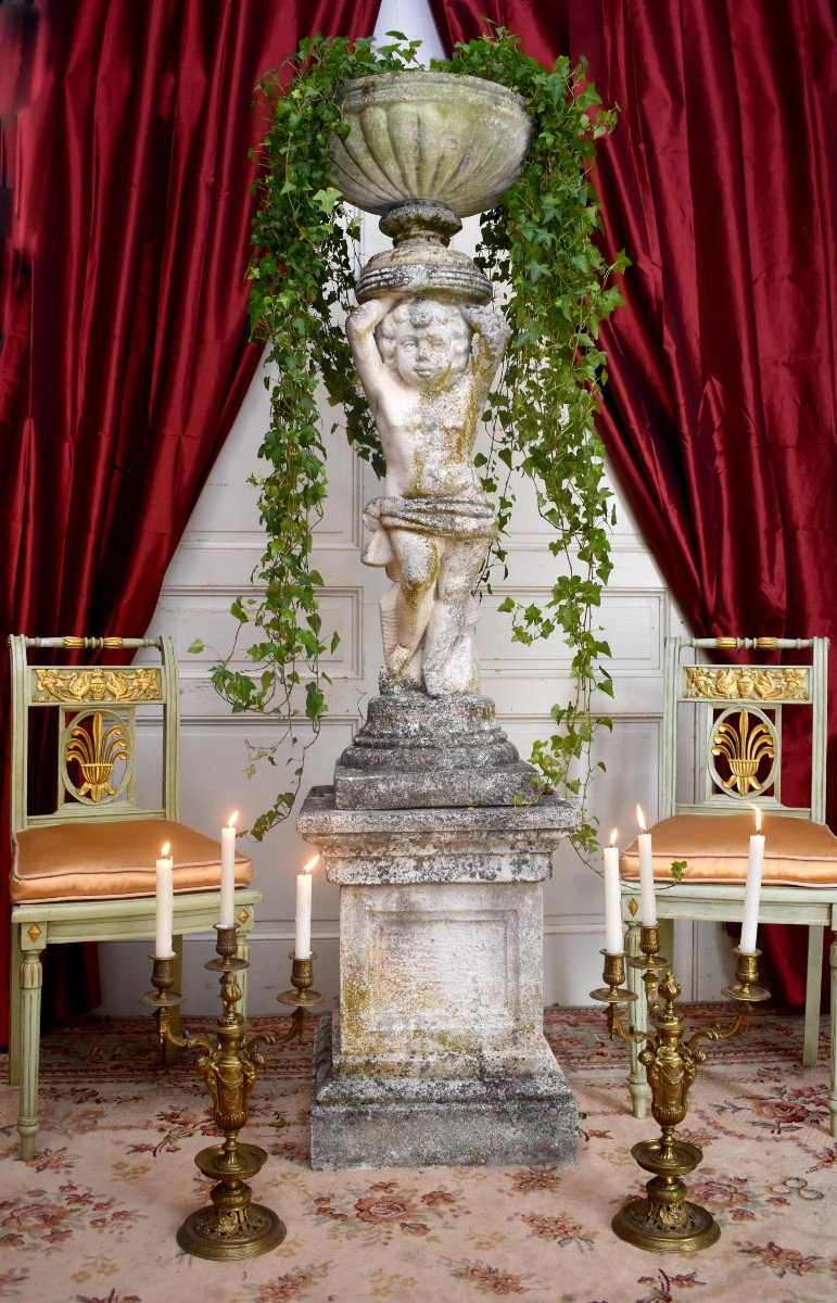 Tr&egrave;s Grande Statue De Jardin Formant Vasque , 182cm, Putto En Pierre Reconstitu&eacute;e, D&eacute;cor Antique Pour Jardin d&#039;Hiver, Vasque de Jardin-photo-8