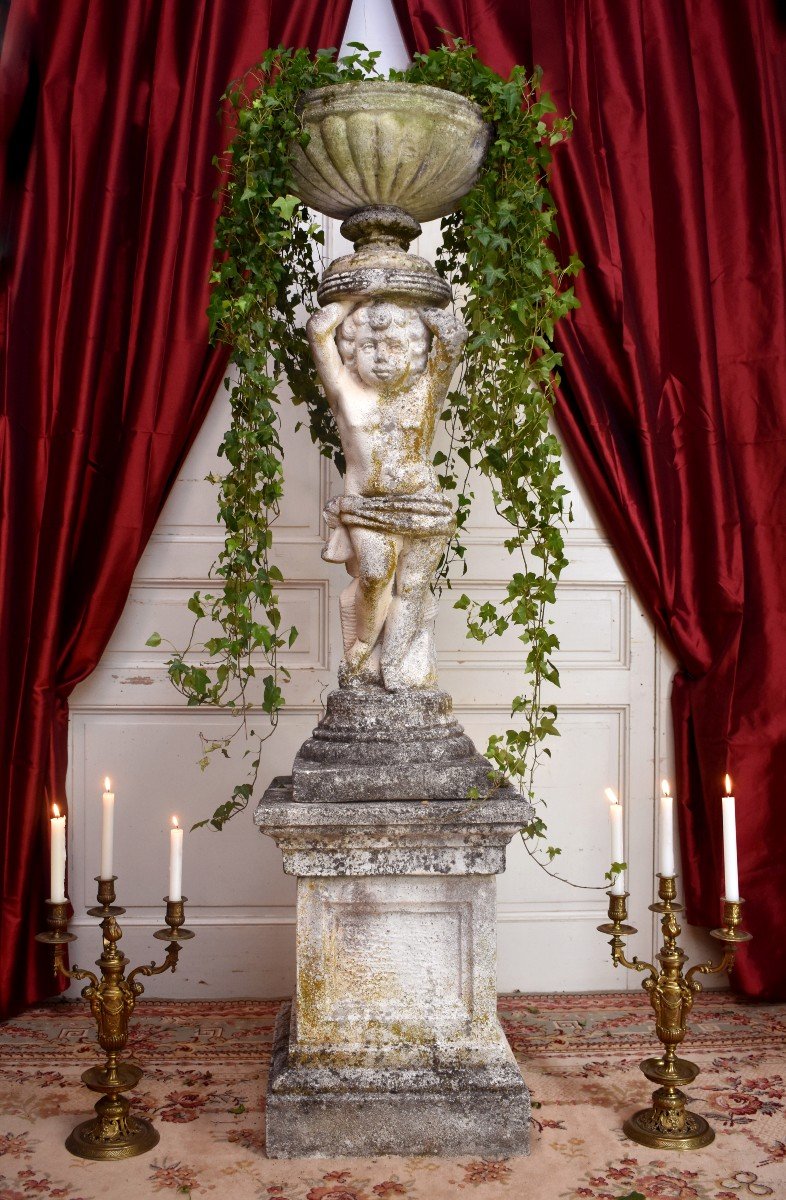 Tr&egrave;s Grande Statue De Jardin Formant Vasque , 182cm, Putto En Pierre Reconstitu&eacute;e, D&eacute;cor Antique Pour Jardin d&#039;Hiver, Vasque de Jardin