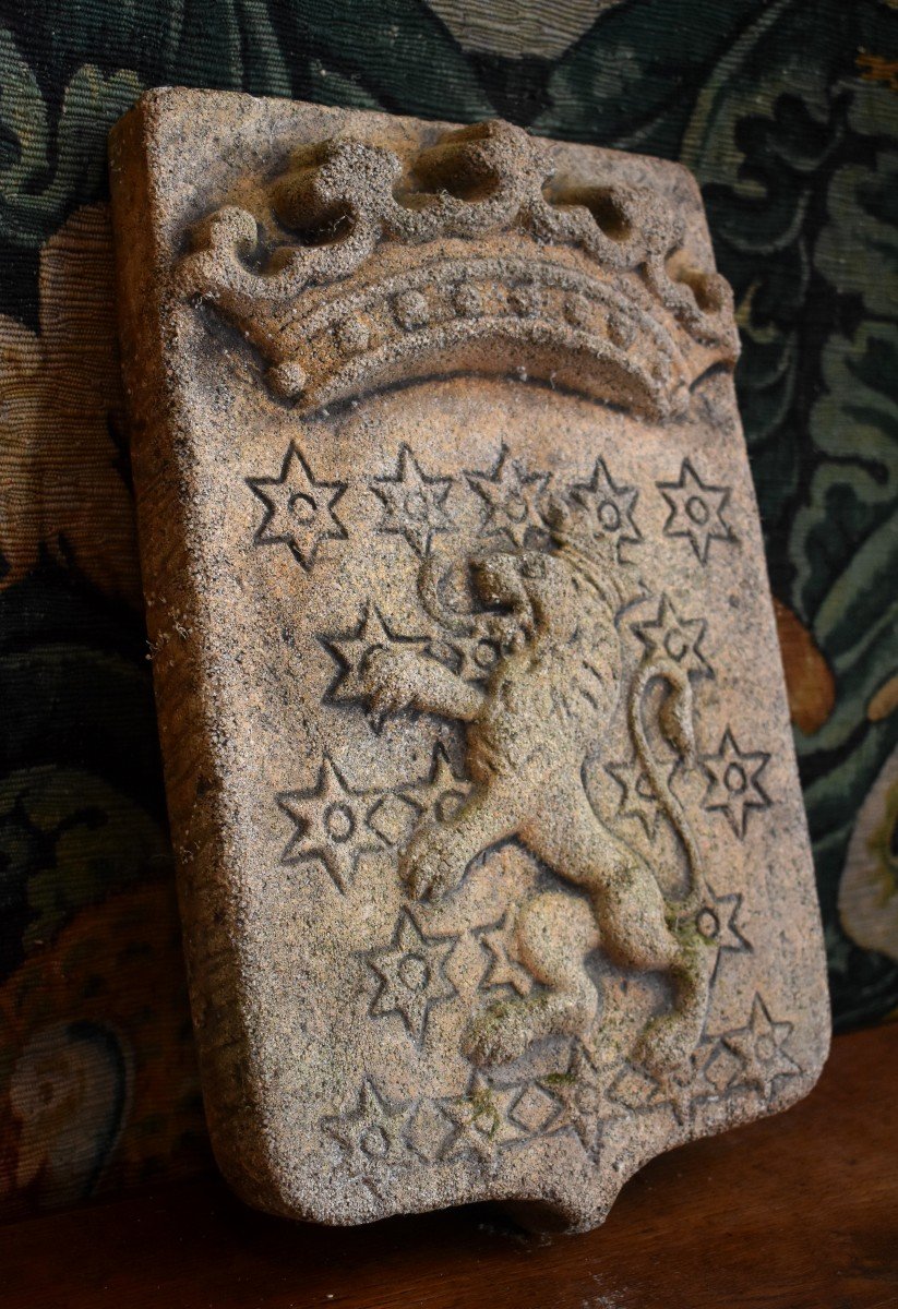 Coat Of Arms With Crowned Lion In Reconstituted Stone, Coat Of Arms, Ecusson, Heraldry, Epoque XX Eme-photo-4