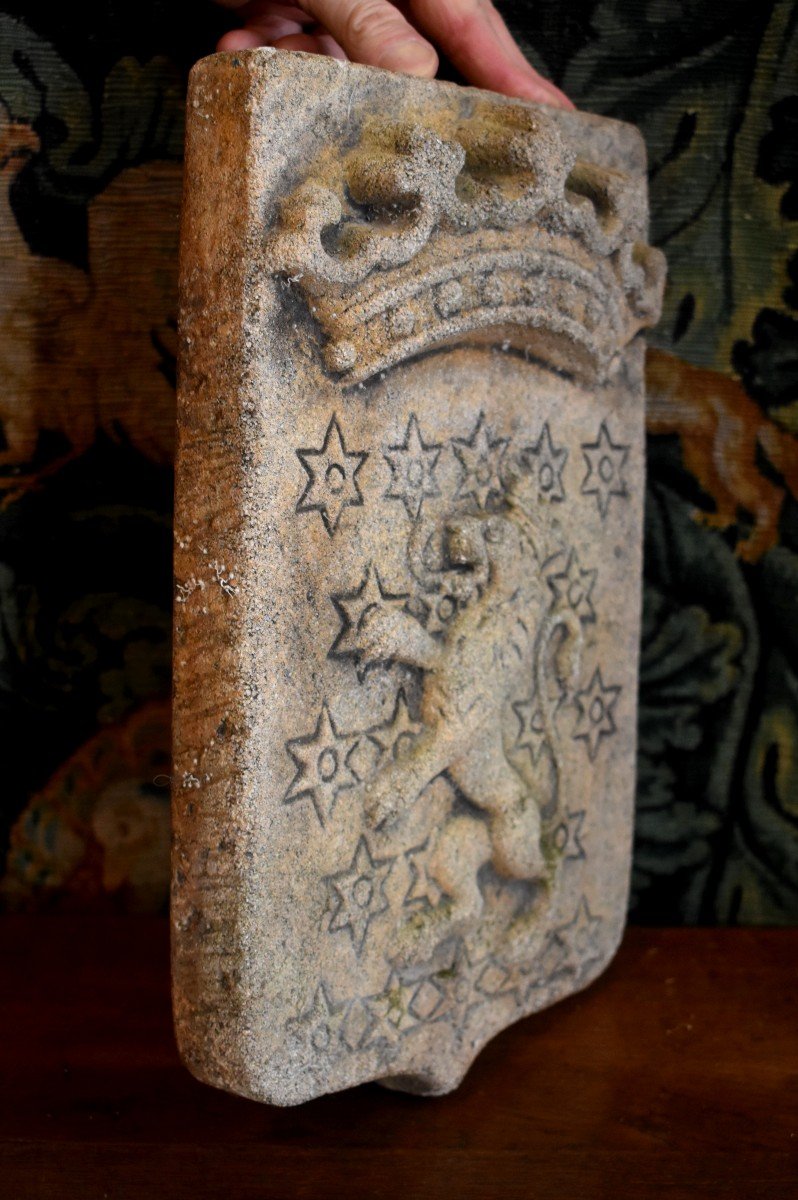 Coat Of Arms With Crowned Lion In Reconstituted Stone, Coat Of Arms, Ecusson, Heraldry, Epoque XX Eme-photo-5