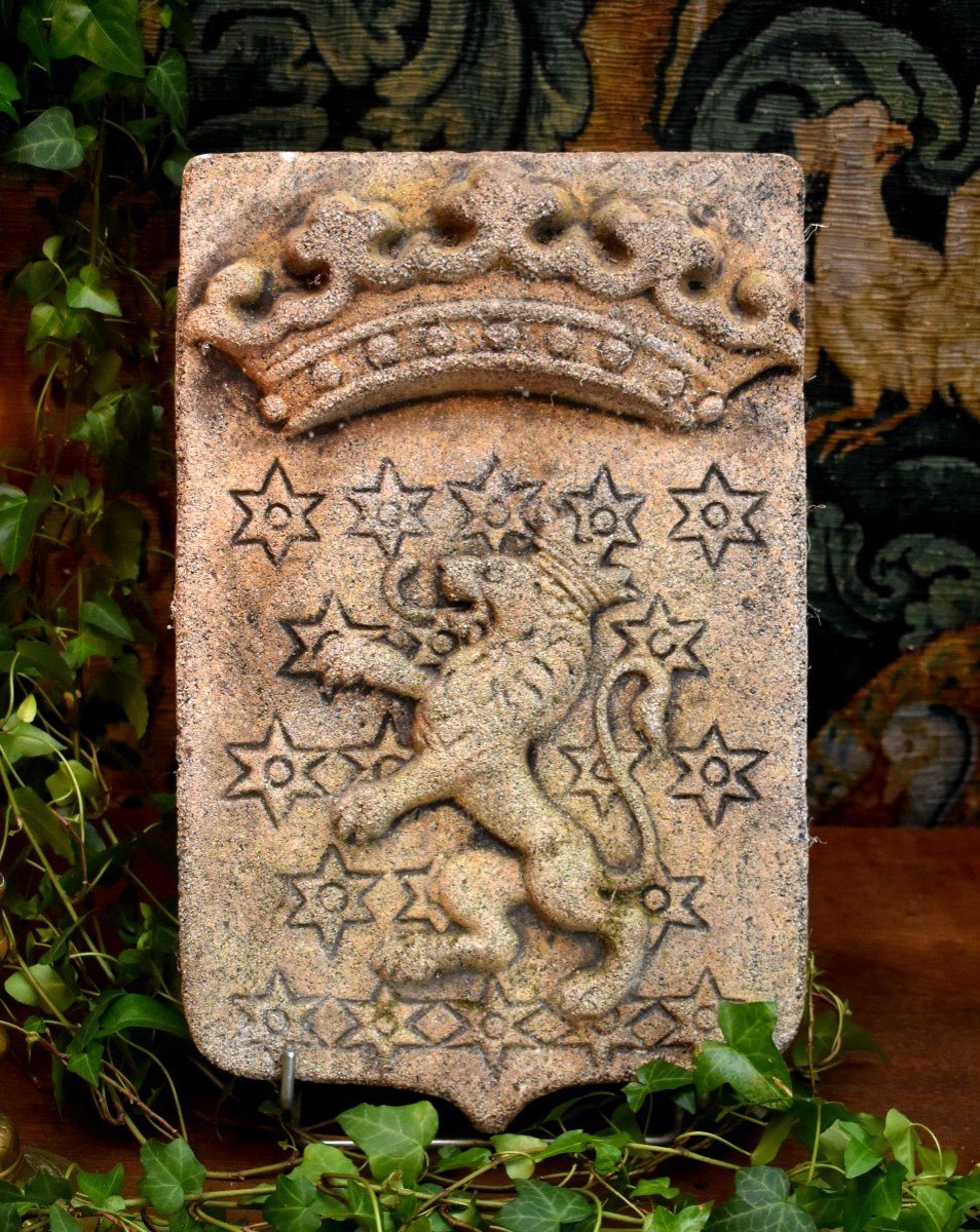 Coat Of Arms With Crowned Lion In Reconstituted Stone, Coat Of Arms, Ecusson, Heraldry, Epoque XX Eme-photo-7