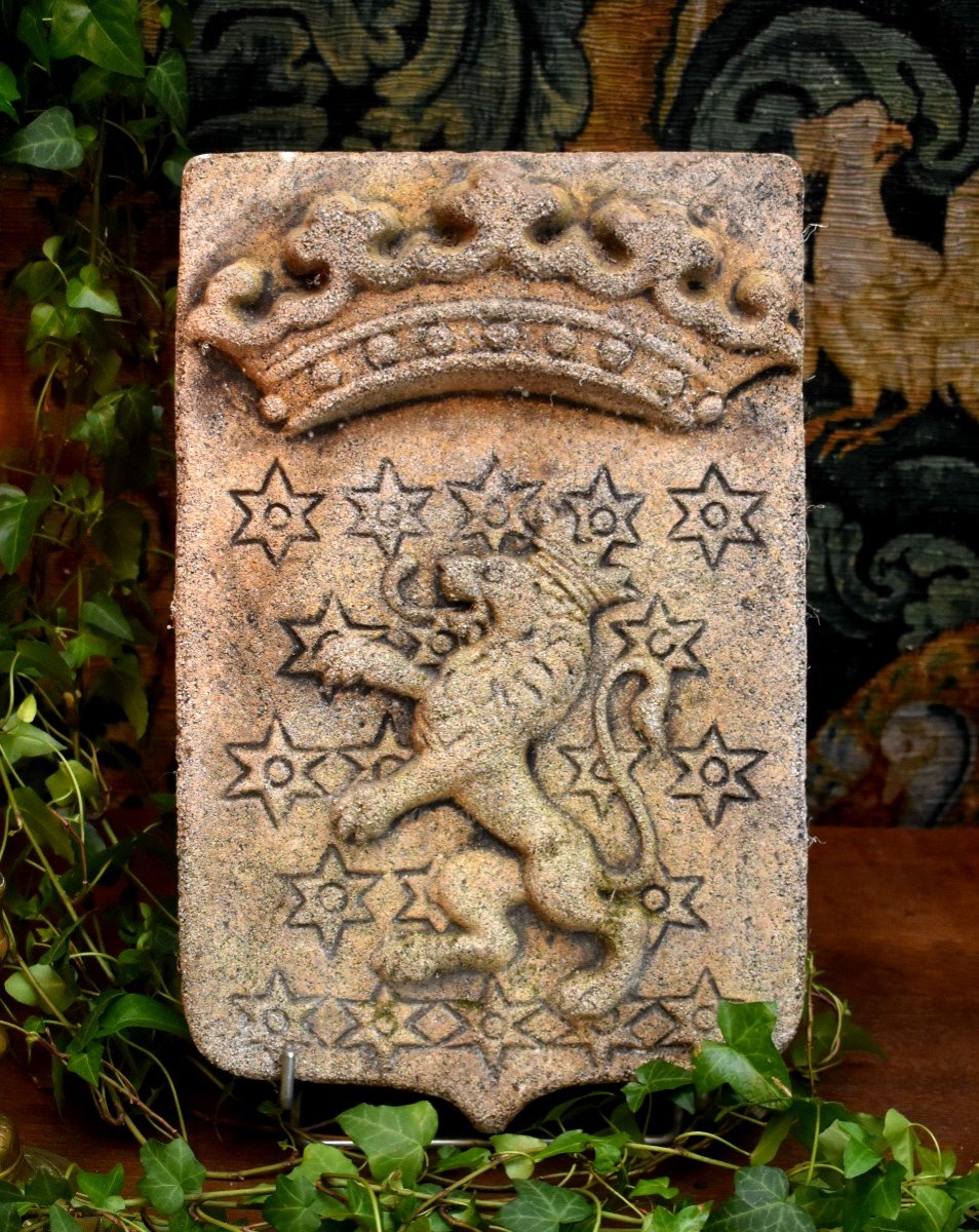 Blason Au Lion Couronn&eacute; En Pierre Reconstitu&eacute;e, Armoiries, Ecusson, H&eacute;raldique, Epoque XX Eme-photo-7