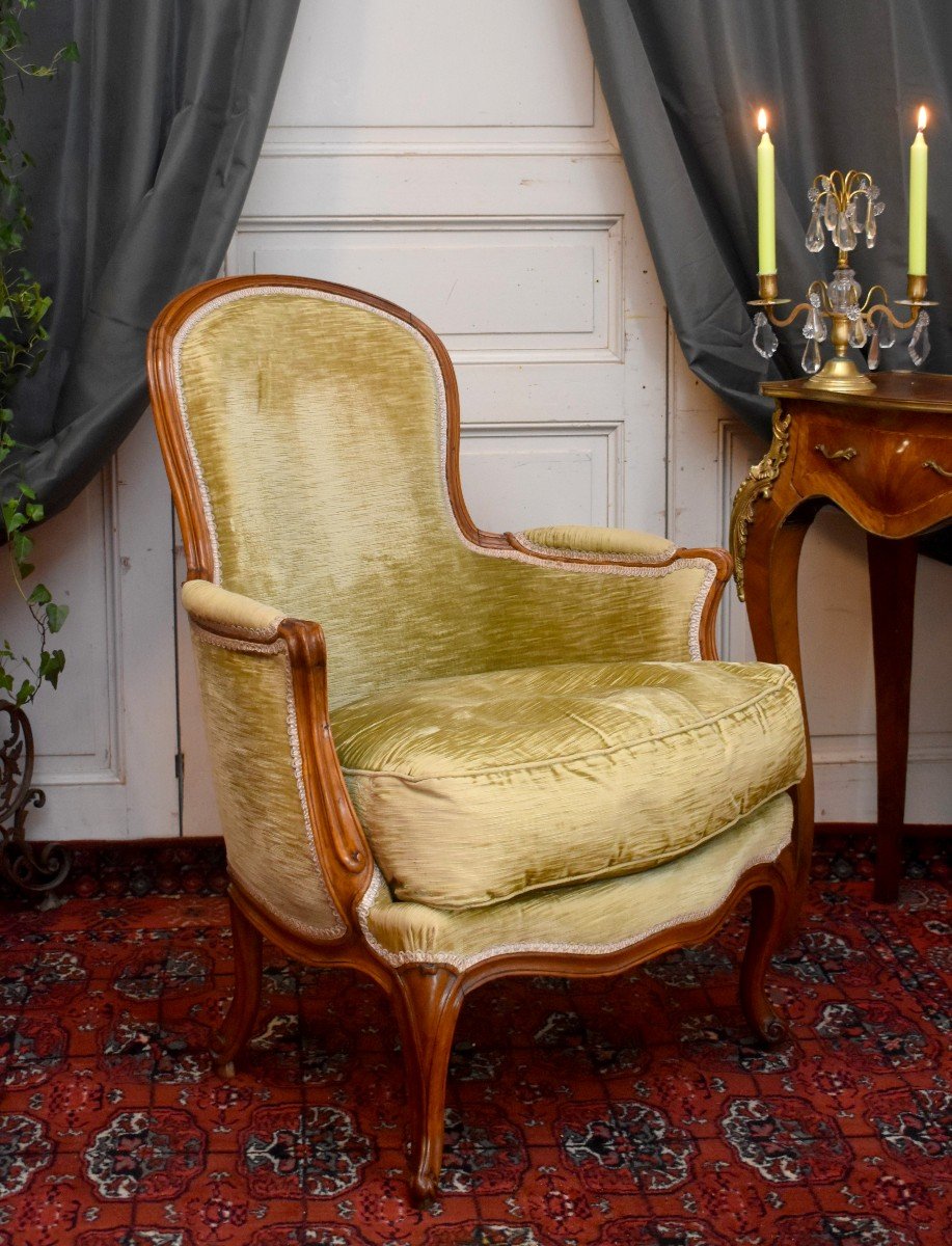 Bergère d'Epoque Louis XV, Tissu Velours, Epoque XVIII Eme