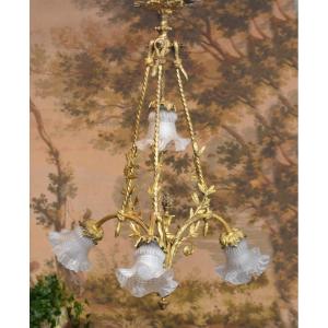 Chandelier In Gilt Bronze Lighting With Four Lights, Decor Of Laurel And Cords, Epoque XIX