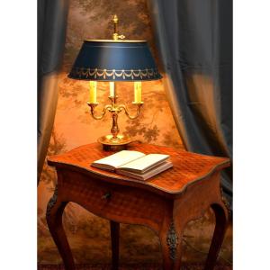 Bouillotte Lamp In Gilt Bronze Lighting With Three Arms Of Light, Green Lampshade