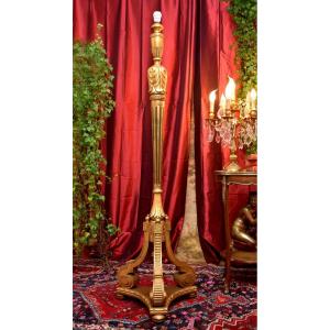 Grand Lampadaire En Bois Dor&eacute; De Style Louis XVI, Luminaire Bois Dor&eacute; Laqu&eacute; Or, Vers 1900