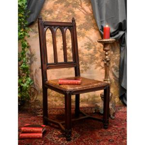 Gothic Style Chair, Leather Seat, Office Chair, 19th Century