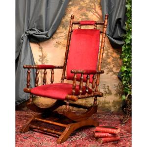 Fauteuil à Bascule En Bois Naturel, Système à Ressorts, Epoque Début XX ème